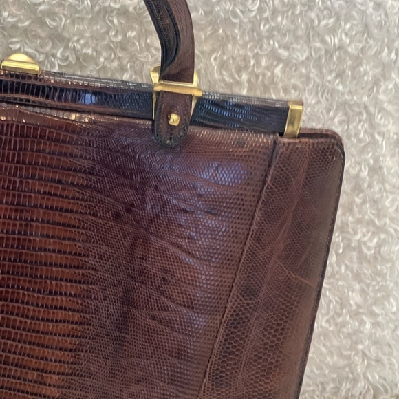 VINTAGE ESCORT BAG GENUINE LIZARD BROWN STRUCTURED FRAME HANDBAG SATCHEL VTG - Picture 13 of 16